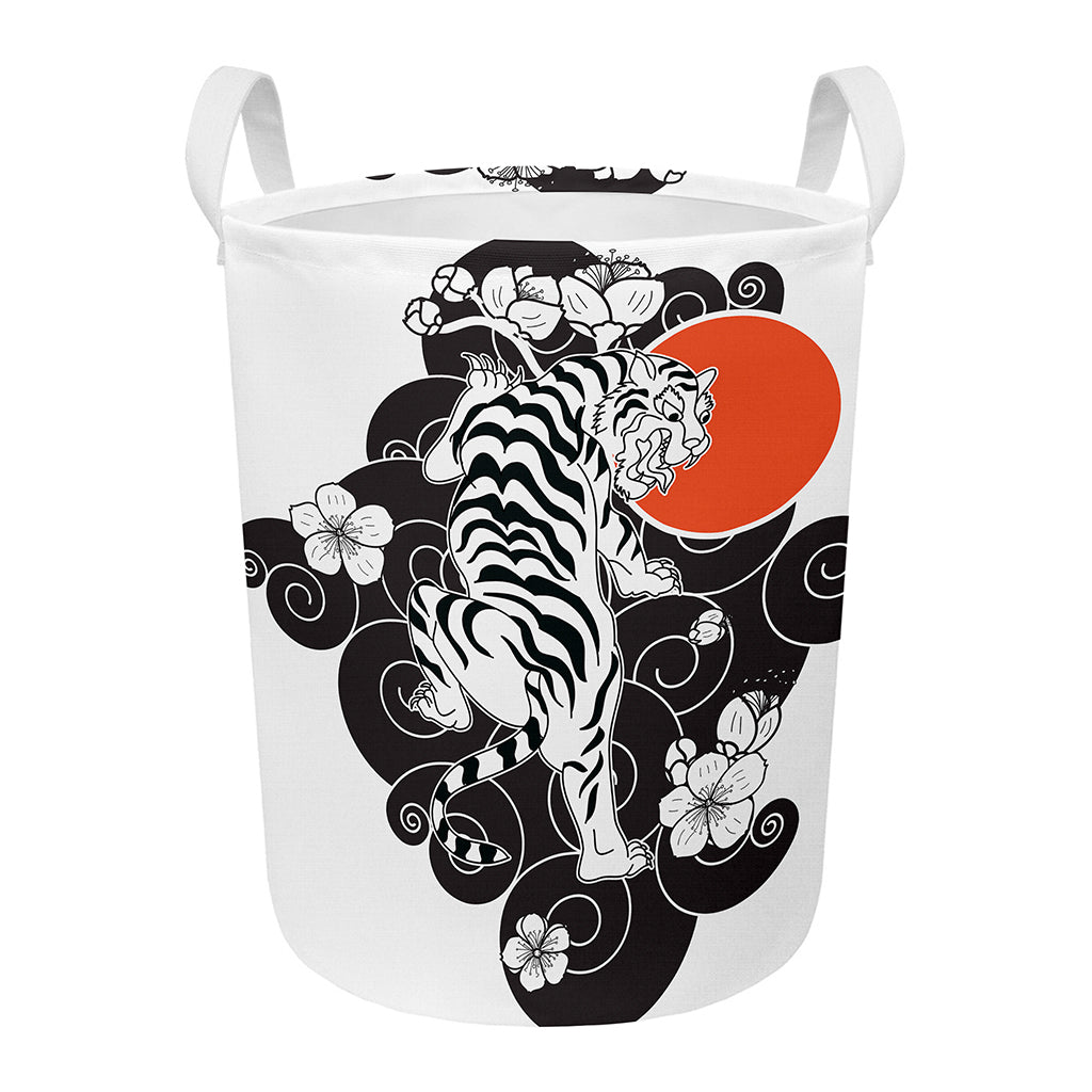 Japanese White Tiger Tattoo Print Round Laundry Basket
