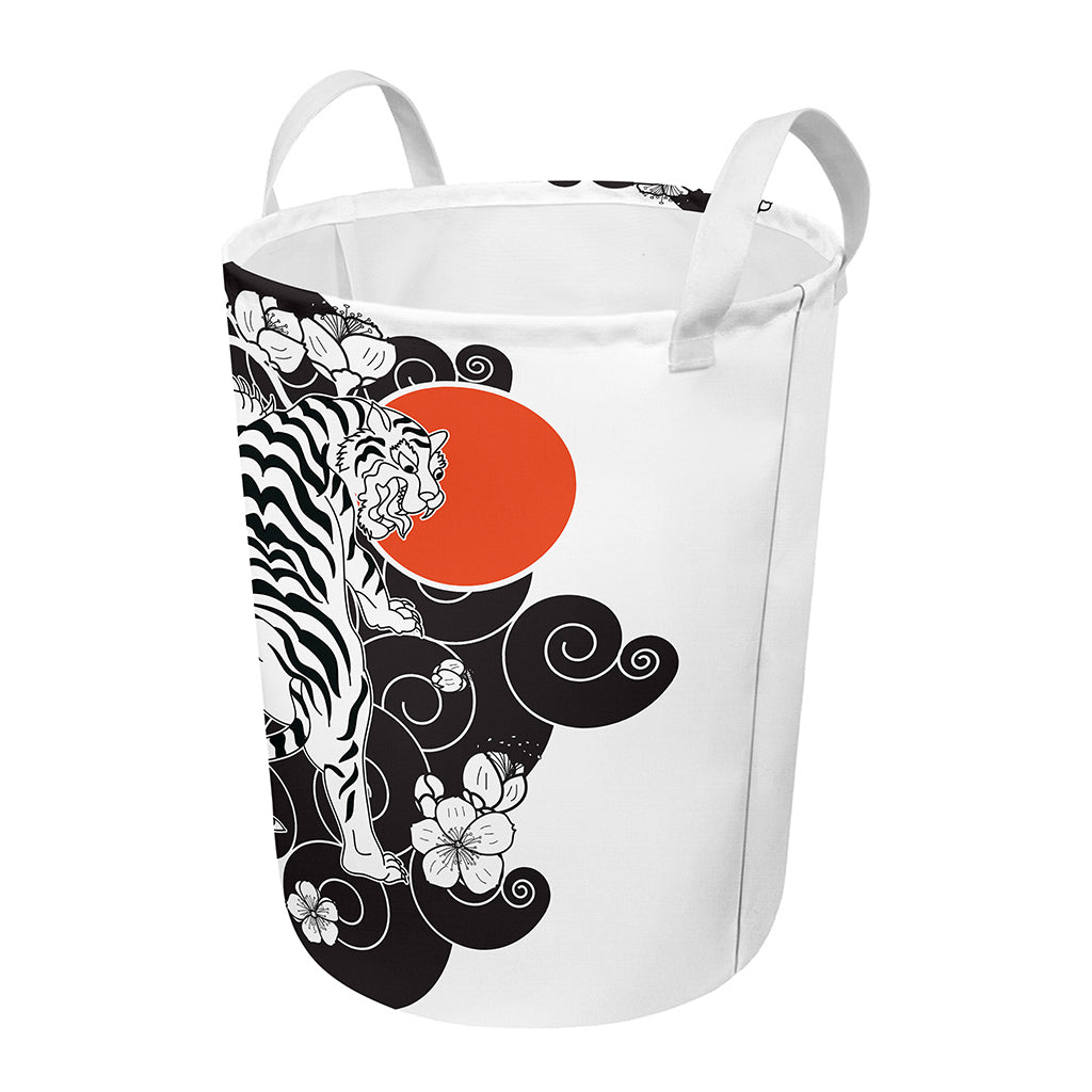 Japanese White Tiger Tattoo Print Round Laundry Basket
