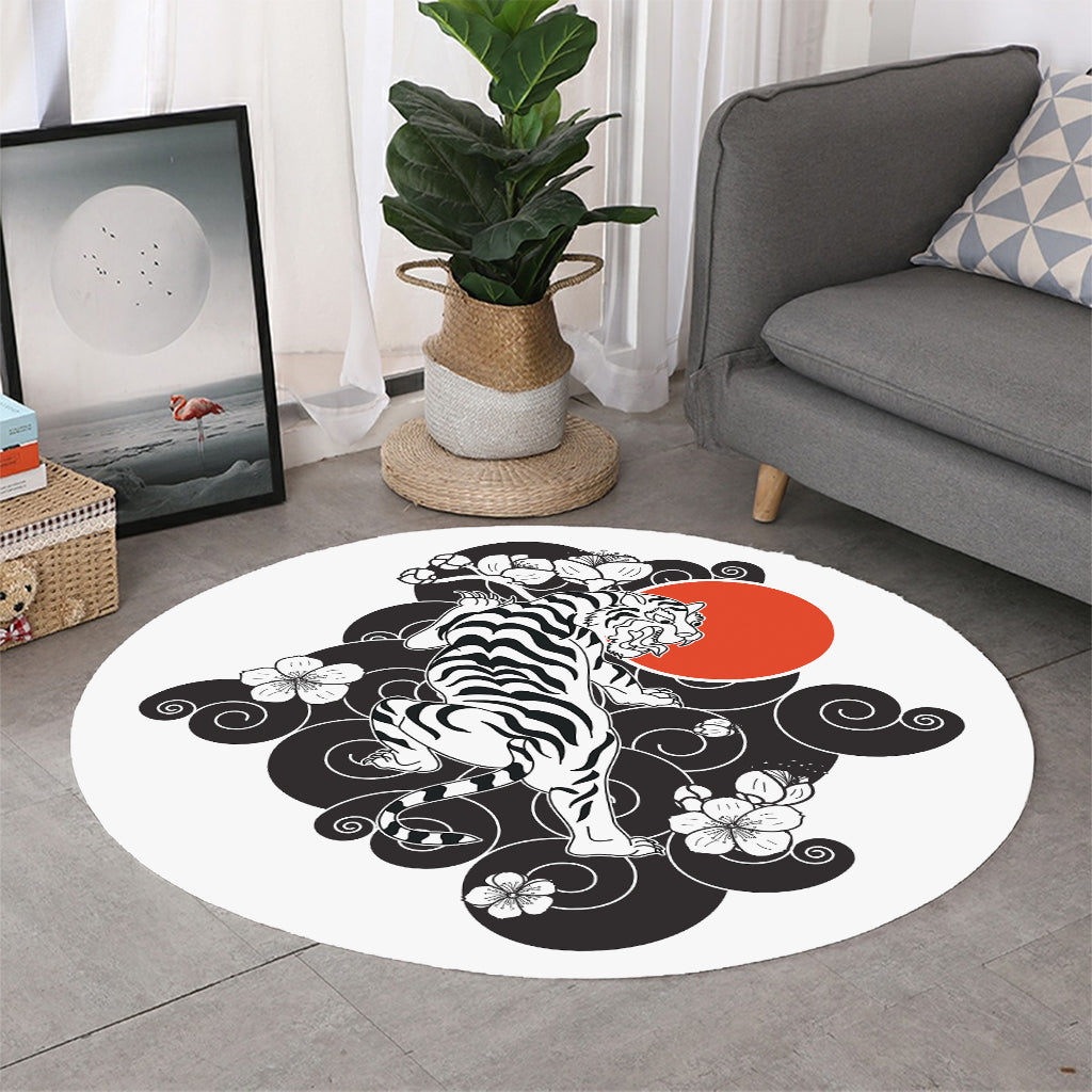 Japanese White Tiger Tattoo Print Round Rug