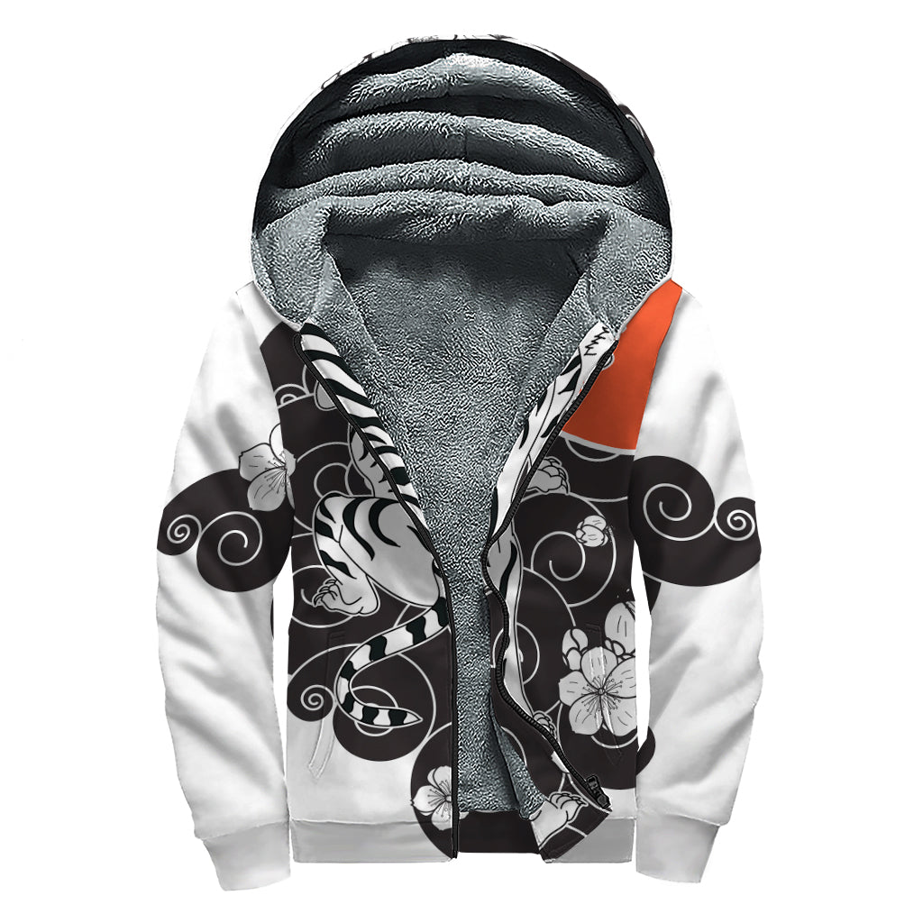 Japanese White Tiger Tattoo Print Sherpa Lined Zip Up Hoodie