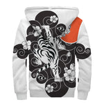 Japanese White Tiger Tattoo Print Sherpa Lined Zip Up Hoodie