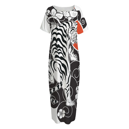 Japanese White Tiger Tattoo Print Short Sleeve Long Nightdress