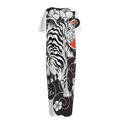 Japanese White Tiger Tattoo Print Short Sleeve Long Nightdress