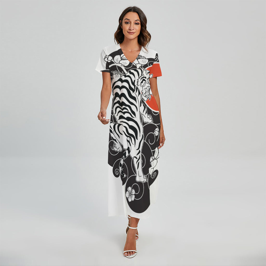 Japanese White Tiger Tattoo Print Short Sleeve Maxi Dress