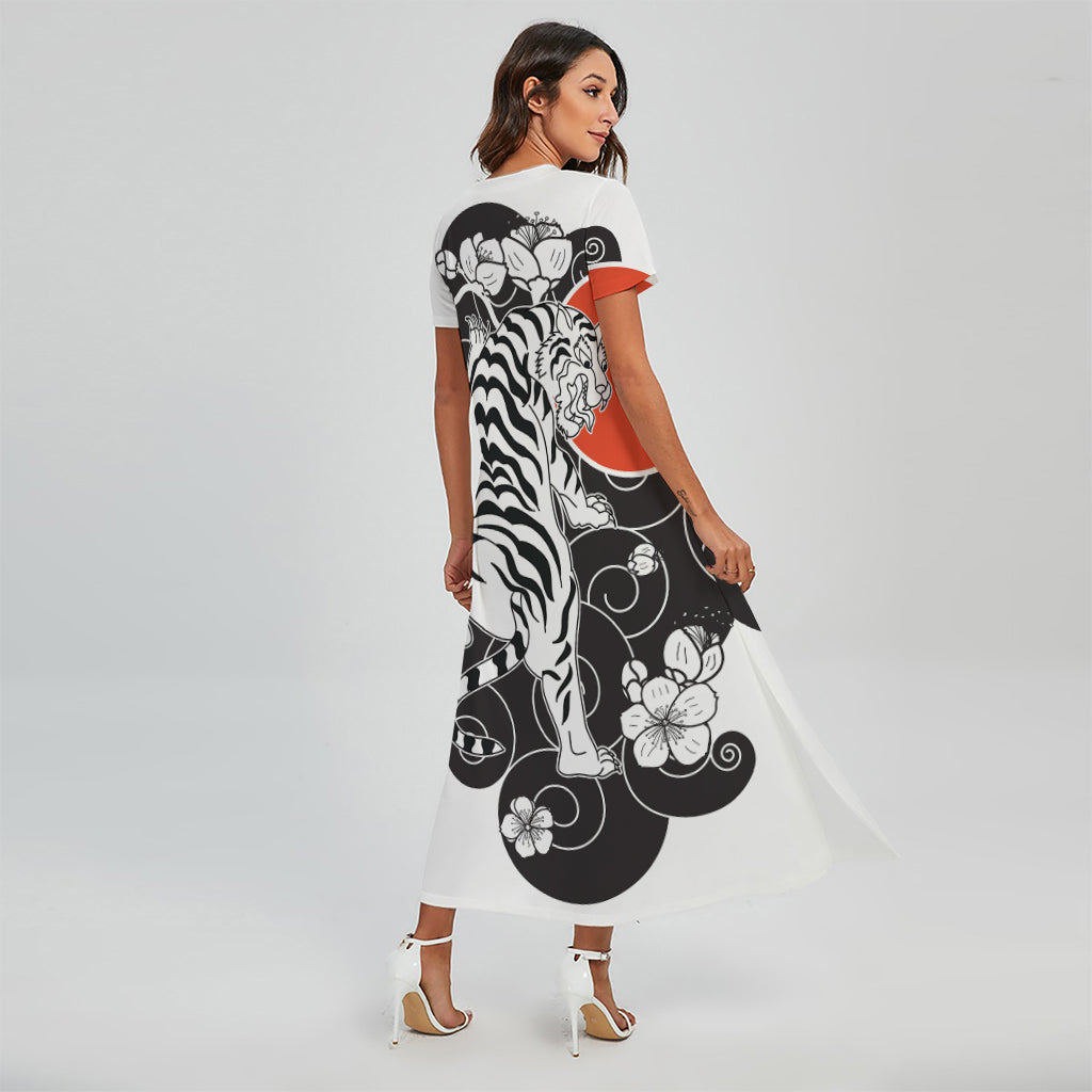 Japanese White Tiger Tattoo Print Short Sleeve Maxi Dress