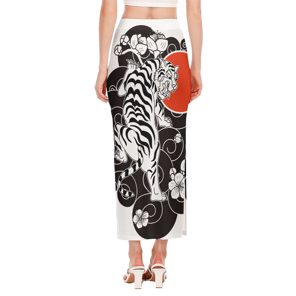 Japanese White Tiger Tattoo Print Side Slit Maxi Skirt