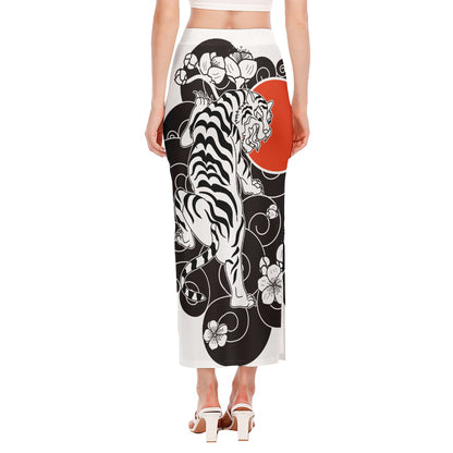 Japanese White Tiger Tattoo Print Side Slit Maxi Skirt
