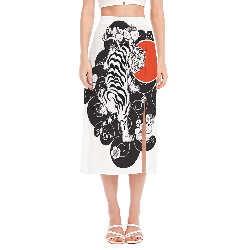 Japanese White Tiger Tattoo Print Side Slit Midi Skirt