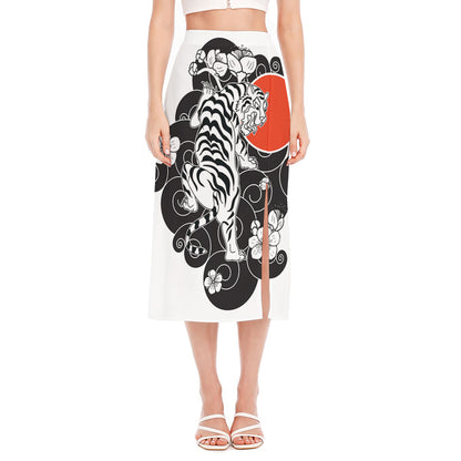 Japanese White Tiger Tattoo Print Side Slit Midi Skirt