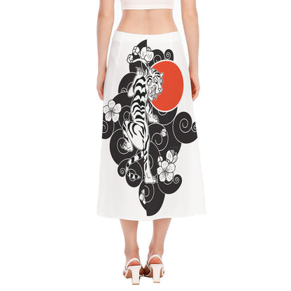 Japanese White Tiger Tattoo Print Side Slit Midi Skirt