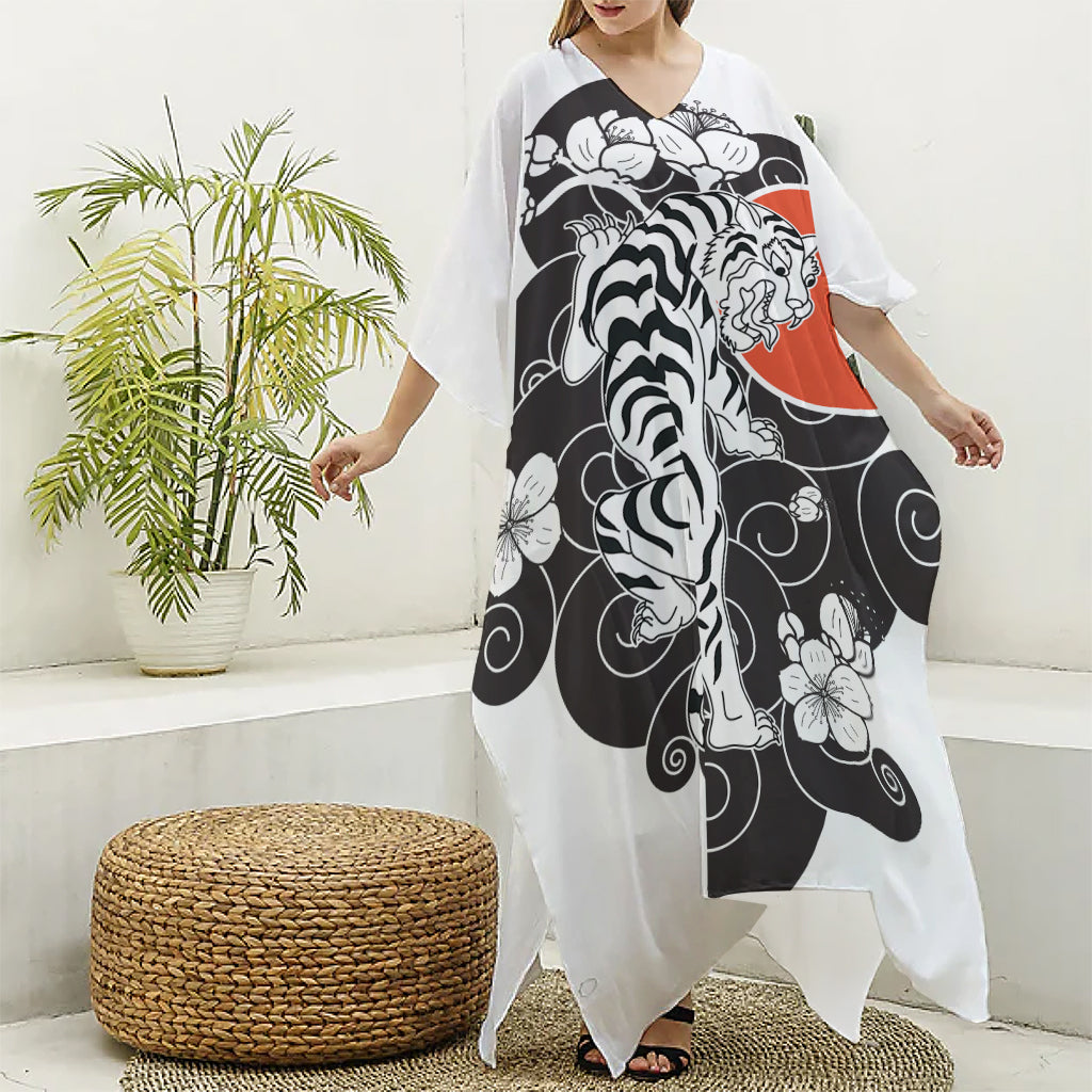 Japanese White Tiger Tattoo Print Silk V-Neck Kaftan Dress