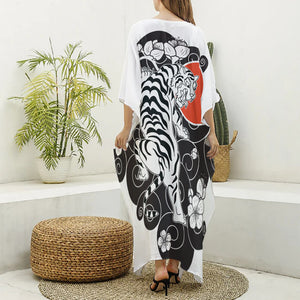 Japanese White Tiger Tattoo Print Silk V-Neck Kaftan Dress