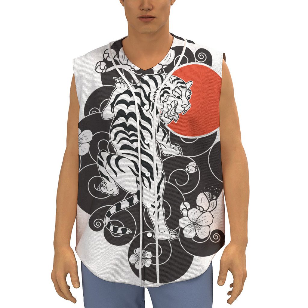 Japanese White Tiger Tattoo Print Sleeveless Baseball Jersey