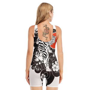 Japanese White Tiger Tattoo Print Sleeveless One Piece Swimsuit