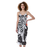 Japanese White Tiger Tattoo Print Slim Fit Midi Cami Dress