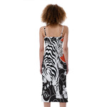 Japanese White Tiger Tattoo Print Slim Fit Midi Cami Dress