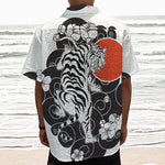 Japanese White Tiger Tattoo Print Textured Short Sleeve Shirt