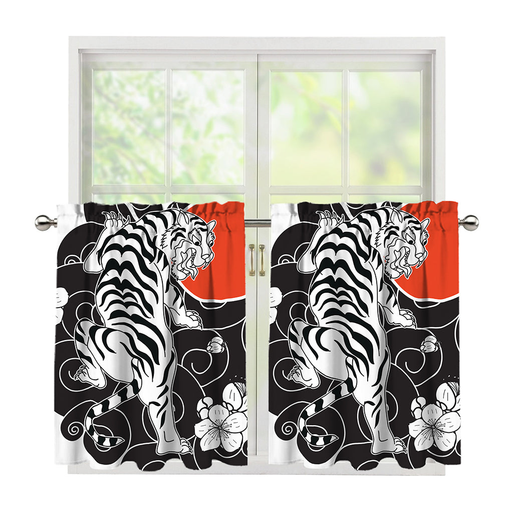 Japanese White Tiger Tattoo Print Tier Curtains