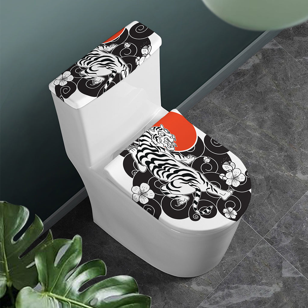 Japanese White Tiger Tattoo Print Toilet Lid And Tank Cover Set