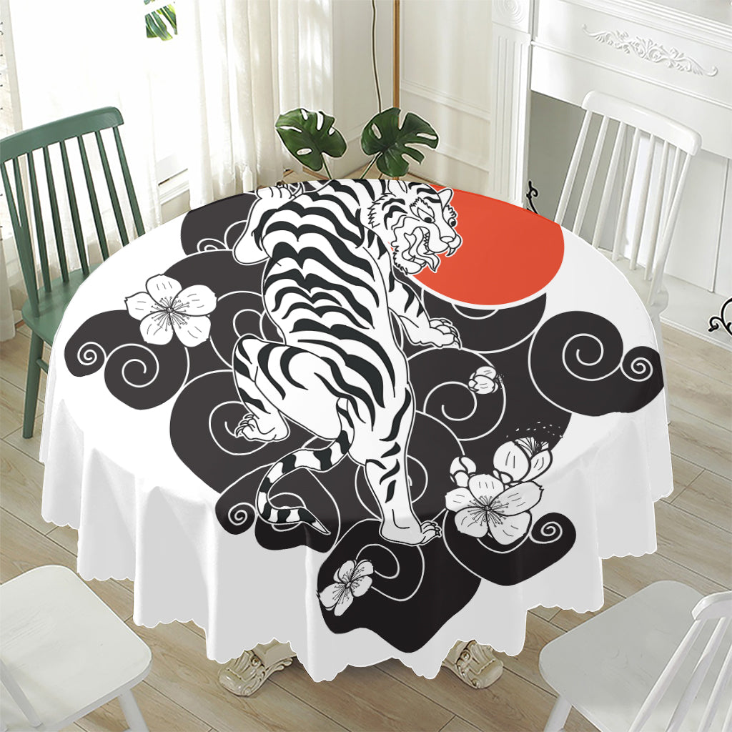 Japanese White Tiger Tattoo Print Waterproof Round Tablecloth