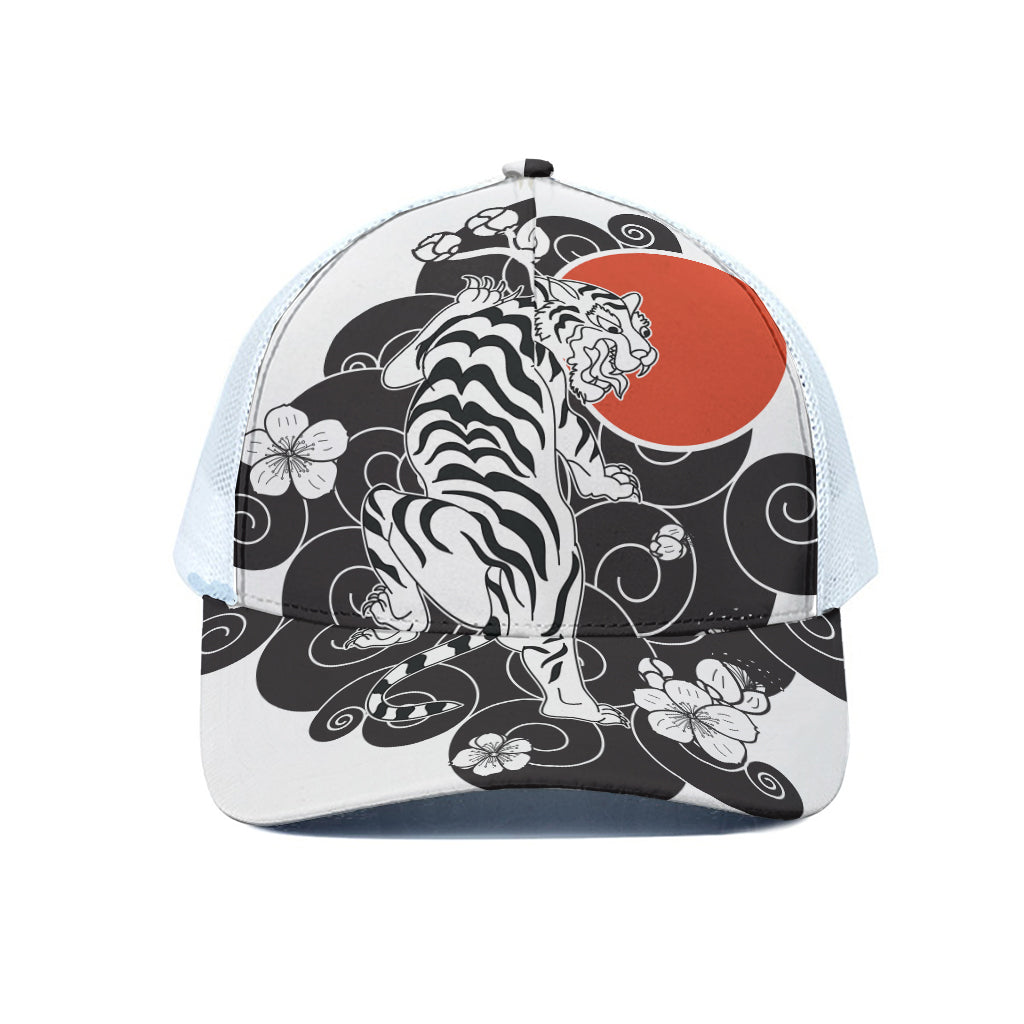 Japanese White Tiger Tattoo Print White Mesh Trucker Cap