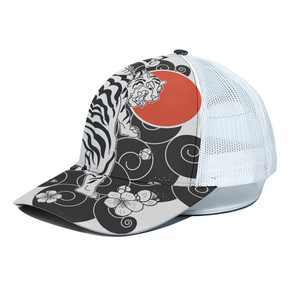 Japanese White Tiger Tattoo Print White Mesh Trucker Cap