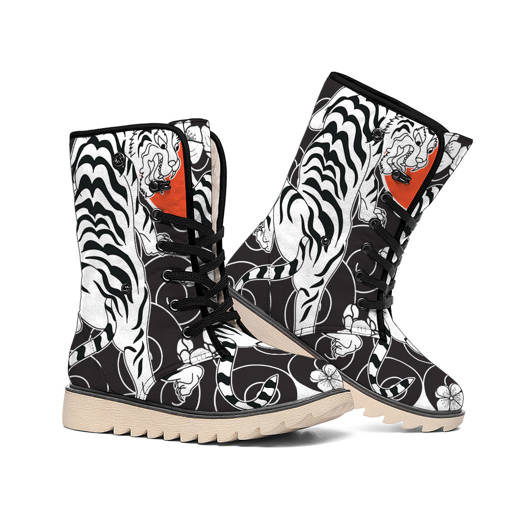 Japanese White Tiger Tattoo Print Winter Boots