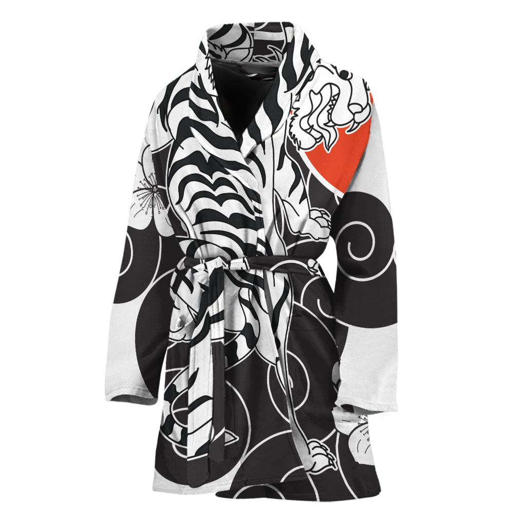 Japanese White Tiger Tattoo Print Women's Bathrobe