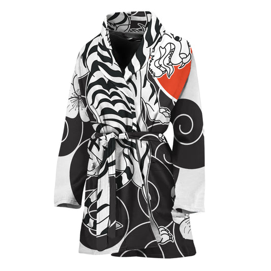 Japanese White Tiger Tattoo Print Women's Bathrobe