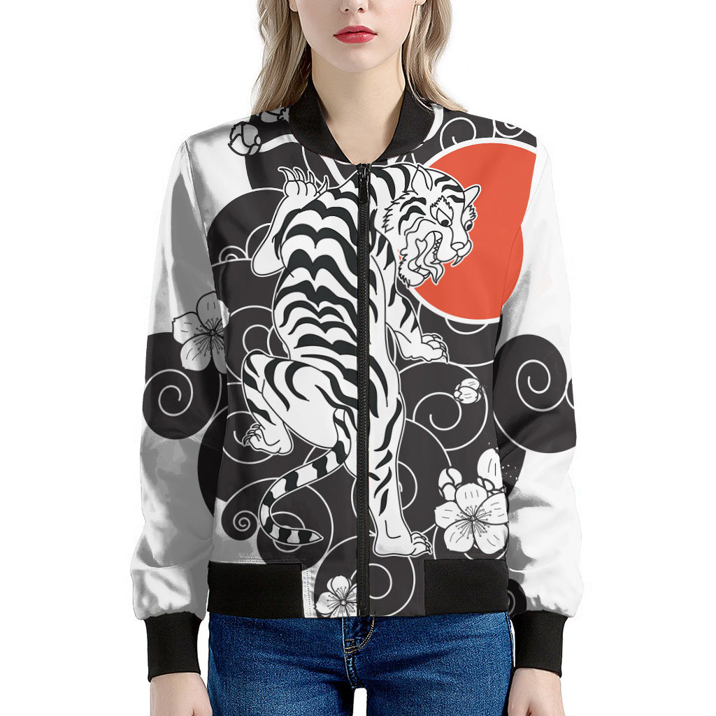 Japanese White Tiger Tattoo Print Women's Bomber Jacket