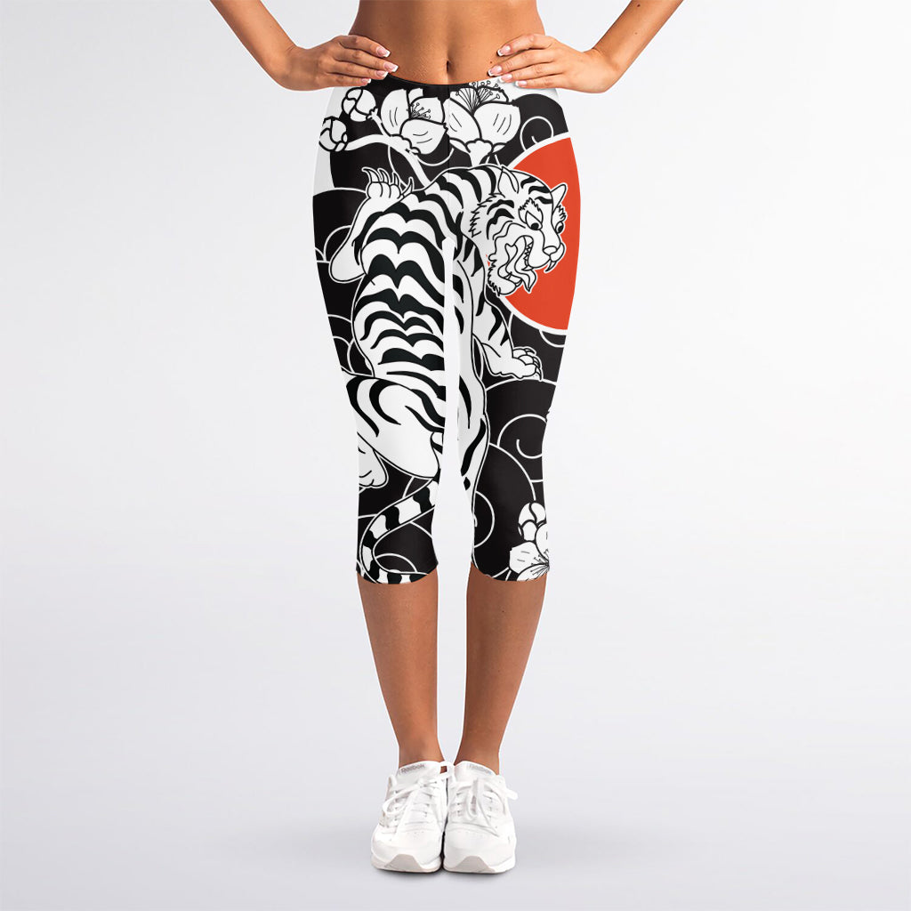 Japanese White Tiger Tattoo Print Women's Capri Leggings