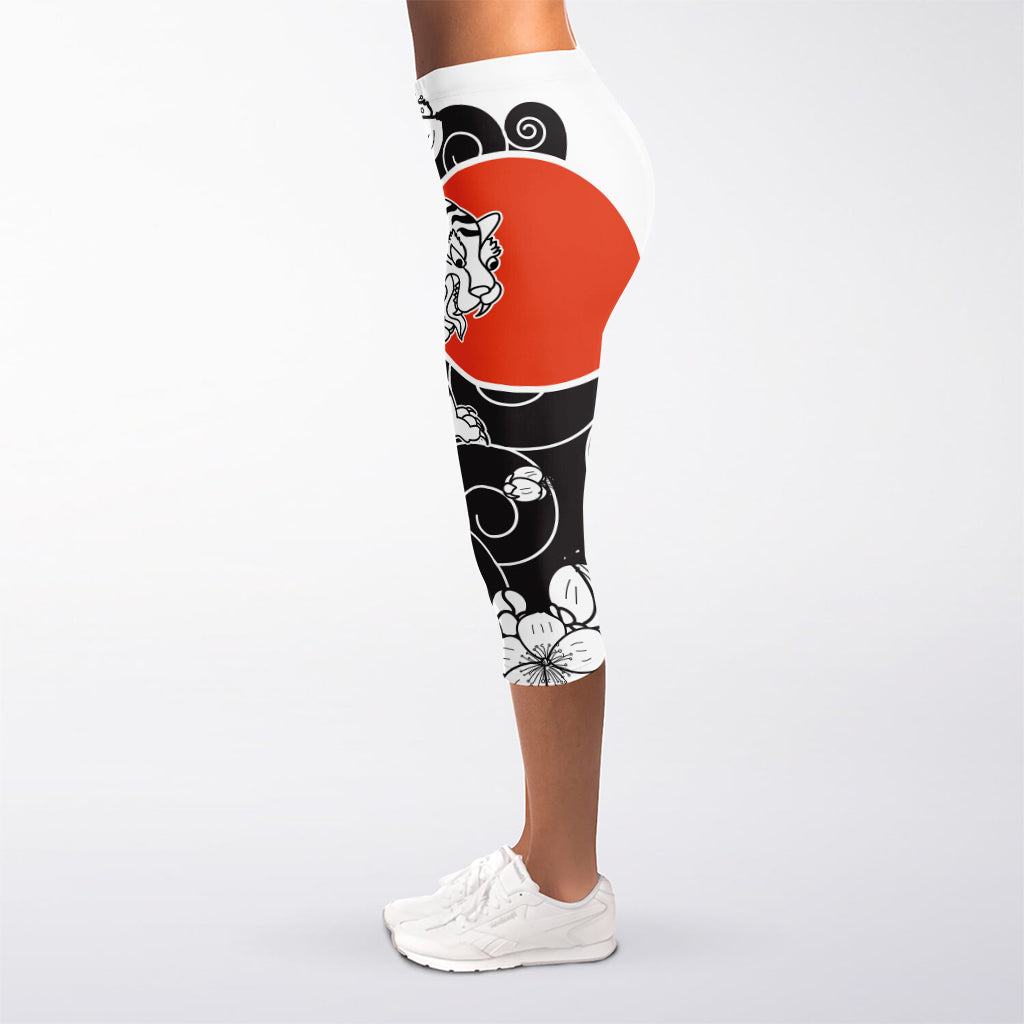 Japanese White Tiger Tattoo Print Women's Capri Leggings