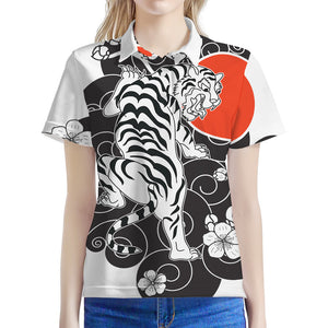 Japanese White Tiger Tattoo Print Women's Polo Shirt