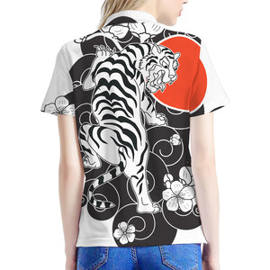 Japanese White Tiger Tattoo Print Women's Polo Shirt