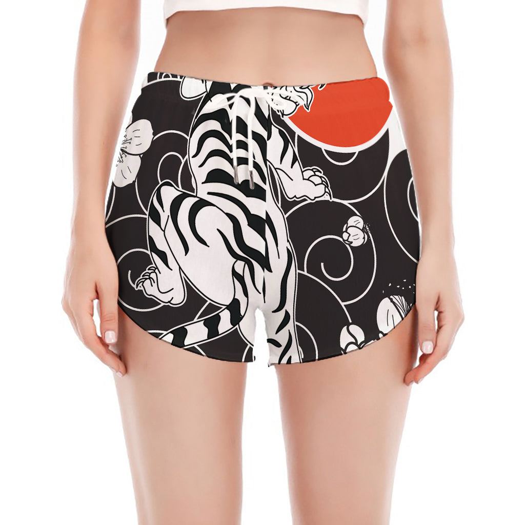 Japanese White Tiger Tattoo Print Women's Split Running Shorts