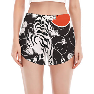 Japanese White Tiger Tattoo Print Women's Split Running Shorts