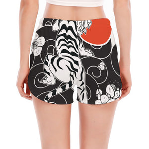 Japanese White Tiger Tattoo Print Women's Split Running Shorts