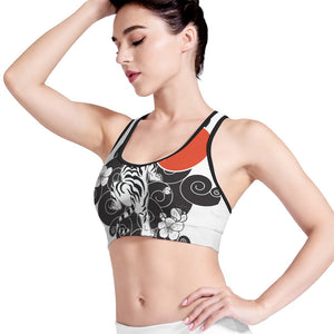 Japanese White Tiger Tattoo Print Women's Sports Bra