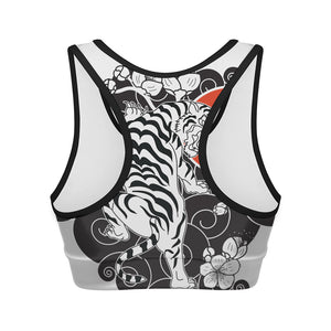 Japanese White Tiger Tattoo Print Women's Sports Bra