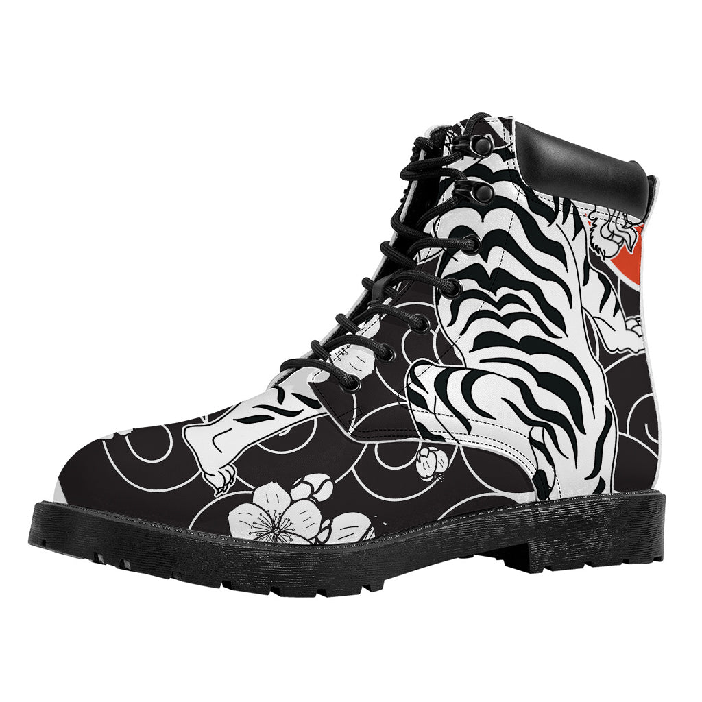 Japanese White Tiger Tattoo Print Work Boots