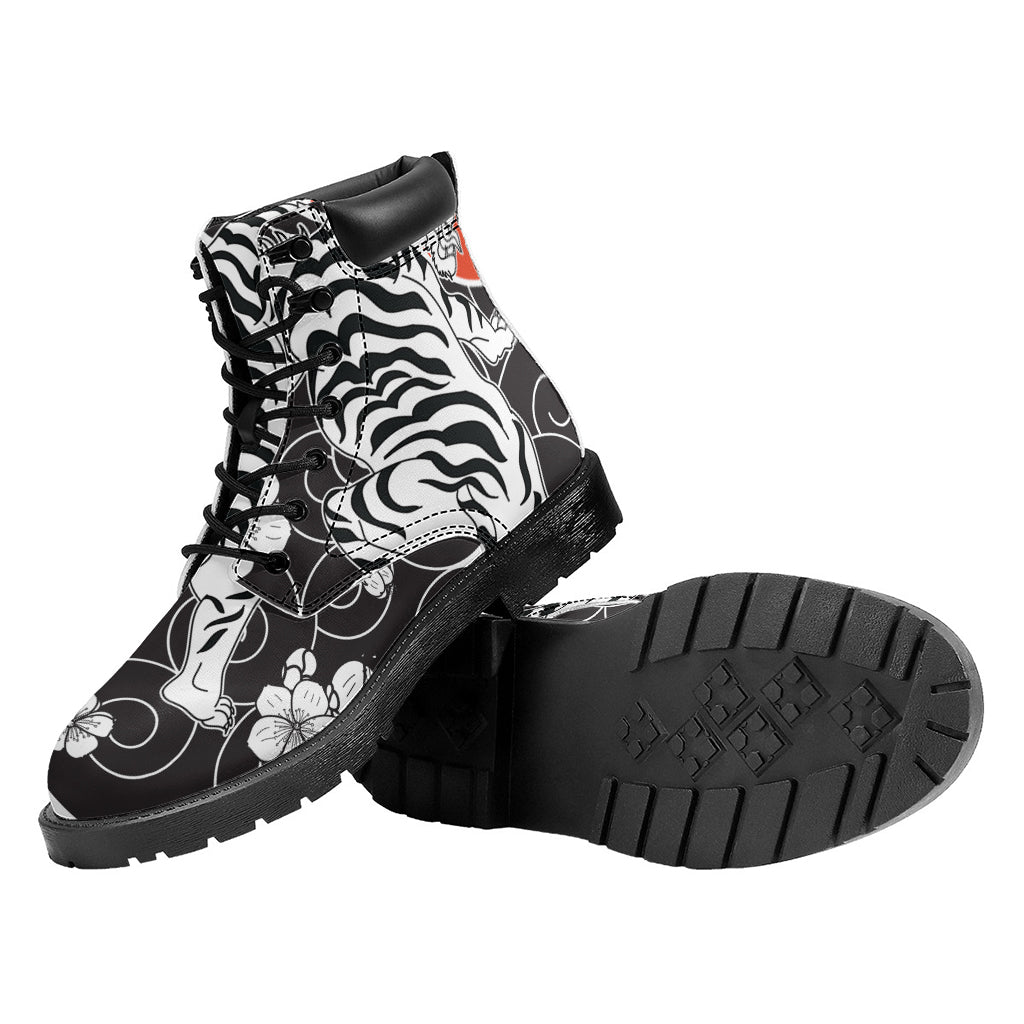 Japanese White Tiger Tattoo Print Work Boots