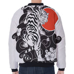 Japanese White Tiger Tattoo Print Zip Sleeve Bomber Jacket