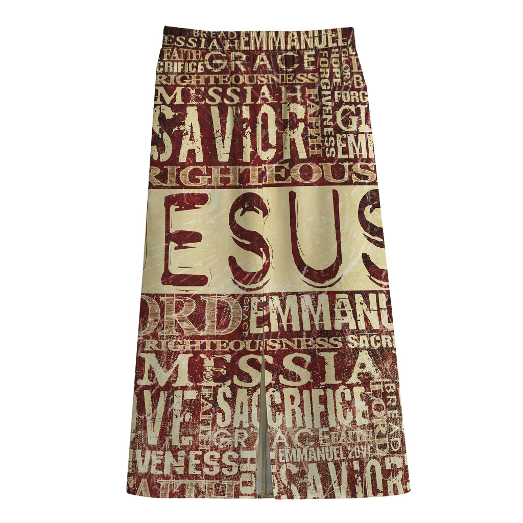 Jesus Religious Words Print Cotton Front Slit Maxi Skirt