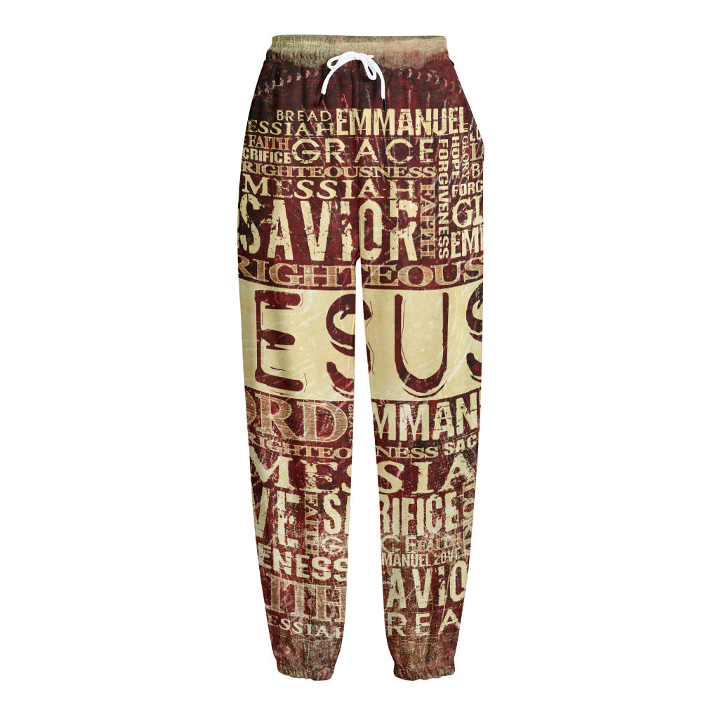 Jesus Religious Words Print Fleece Lined Knit Pants