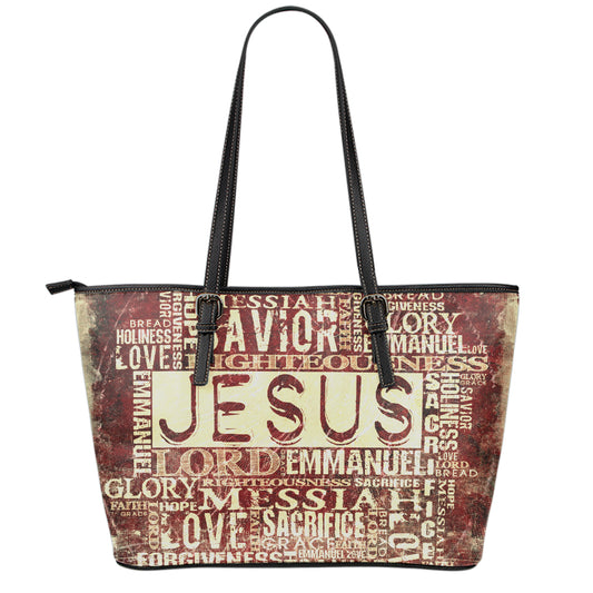 Jesus Religious Words Print Leather Tote Bag
