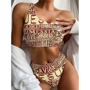 Jesus Religious Words Print One Shoulder Bikini Top