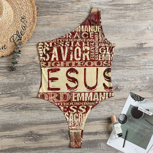 Jesus Religious Words Print One Shoulder Bodysuit