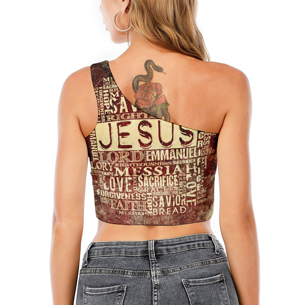 Jesus Religious Words Print One Shoulder Crop Top