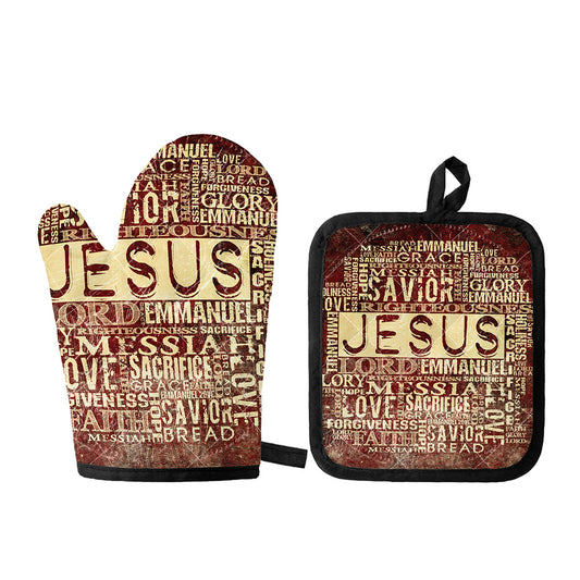 Jesus Religious Words Print Oven Mitt And Pot Holder Set