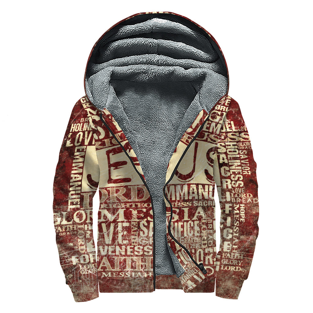 Jesus Religious Words Print Sherpa Lined Zip Up Hoodie